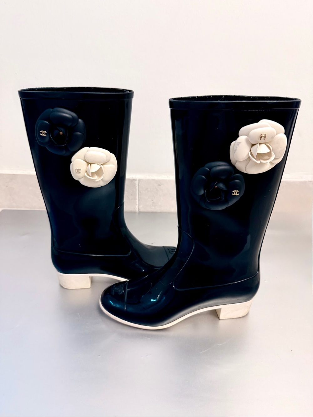 CHANEL Black Rain Boots with Black and White Camellia Details